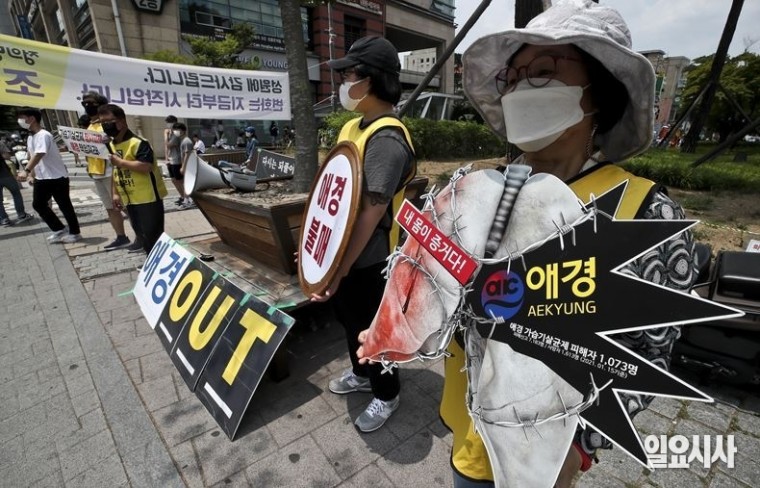 애경 등 가습기살균제 피해자 유족들이 지난 6월13일, 서울시 마포구 애경 본사 앞에서 가습기살균제 규탄 집회를 갖고 있다. ⓒ고성준 기자